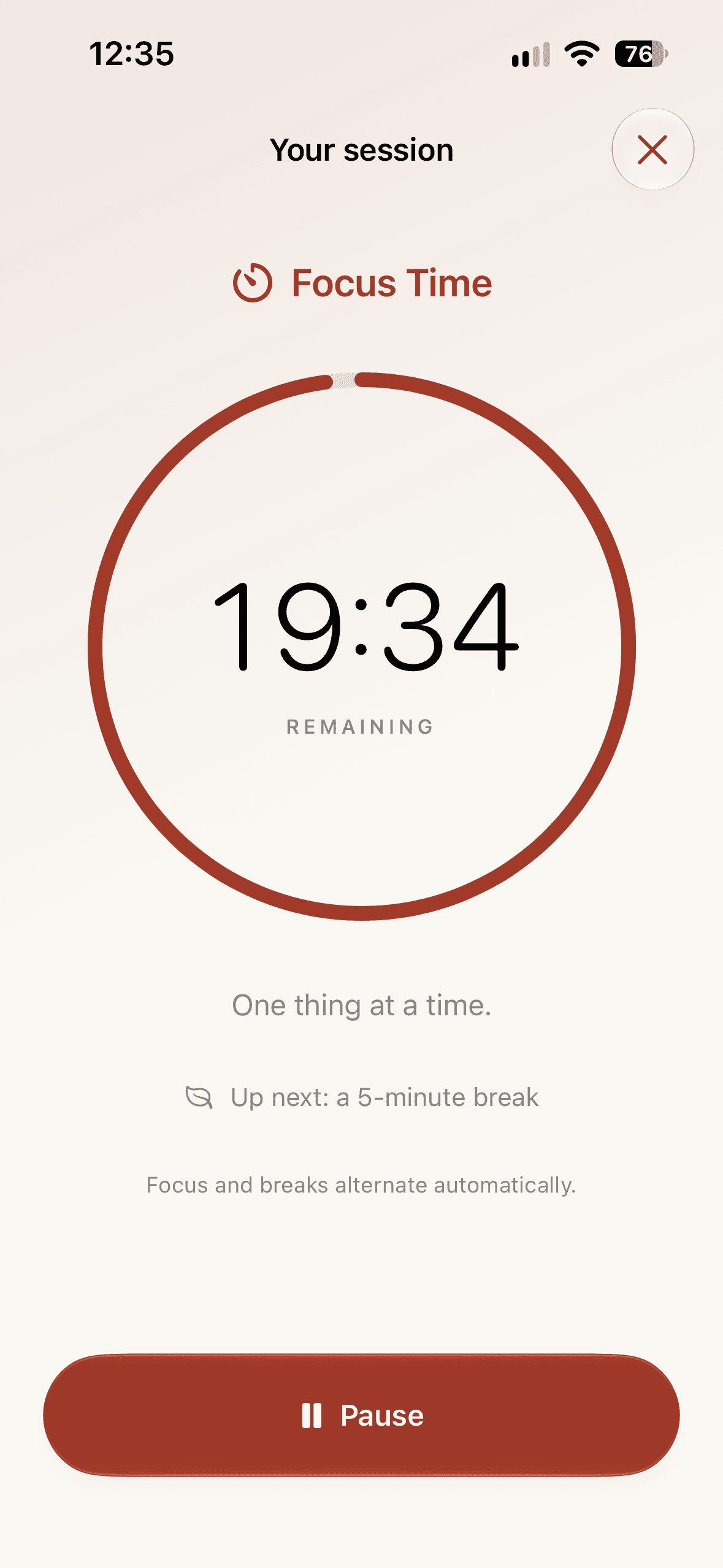 Basilico’s iPhone Pomodoro timer, showing a focused work session