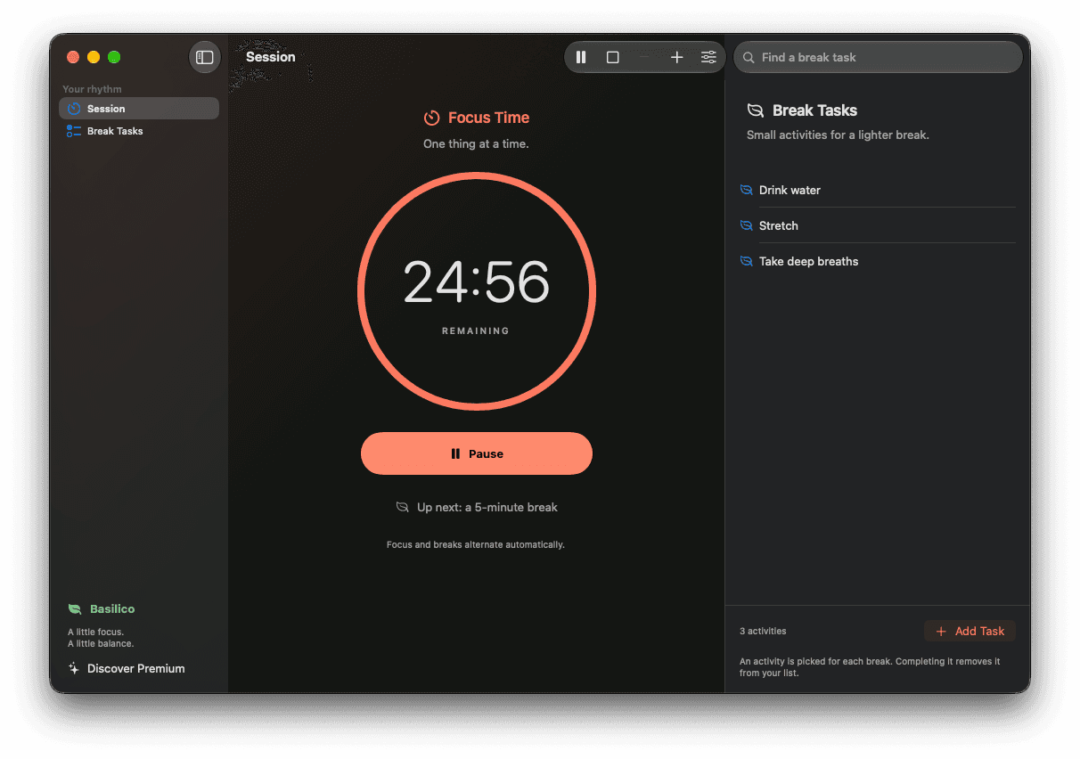 Basilico on Mac, with its native sidebar and session workspace